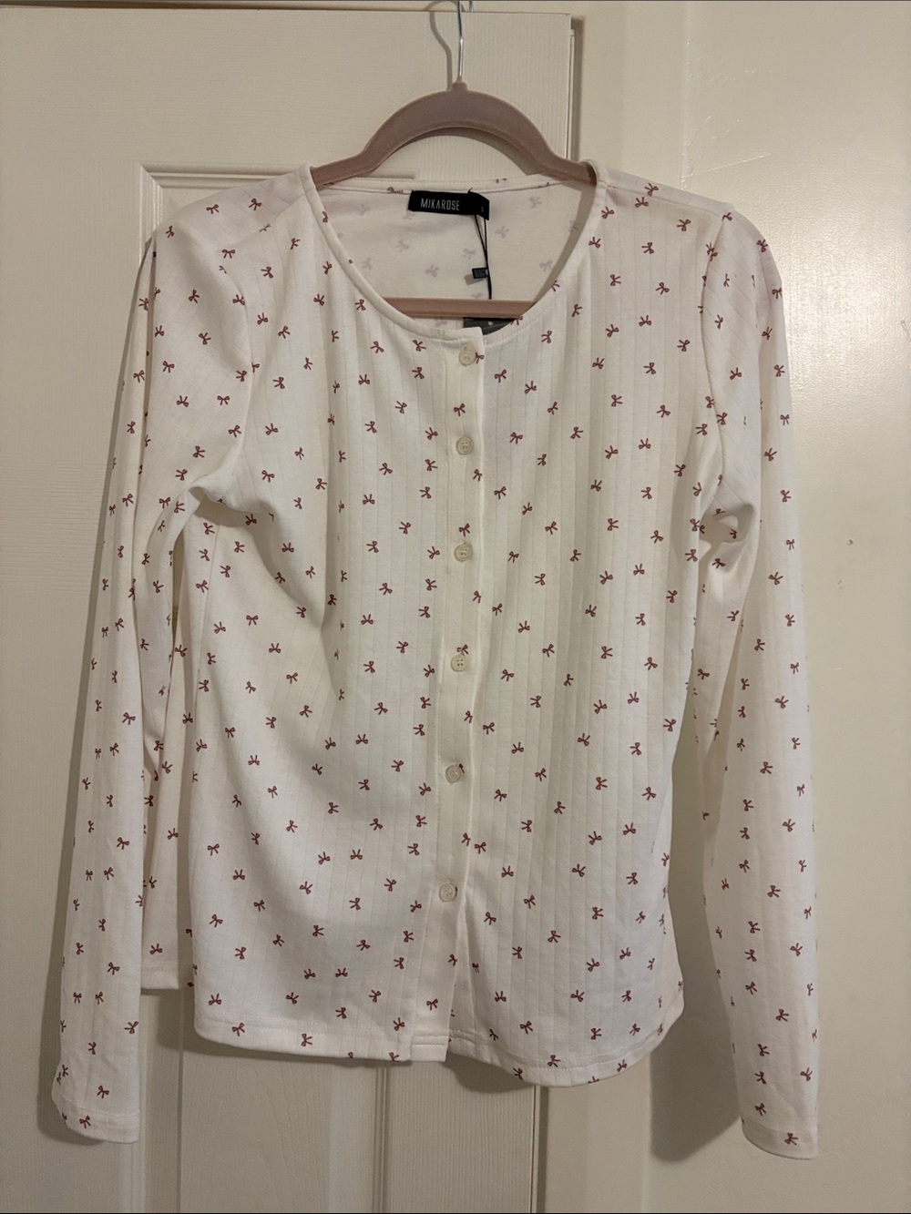 Mikarose White Long Sleeve Button-Front Tee with Red Floral Print